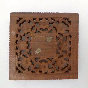 VINTAGE 6” BRASS INLAYED HAND CARVED FLORAL SOLID WOOD TRIVET INDIA